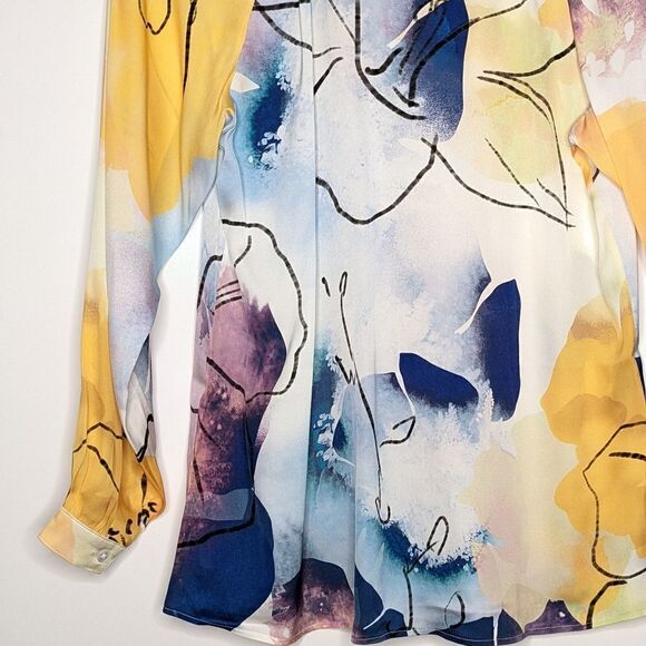 Tucker Long Sleeve Polo Blouse Watercolor Dream in Stretch Georgette Silk Floral - Picture 9 of 9